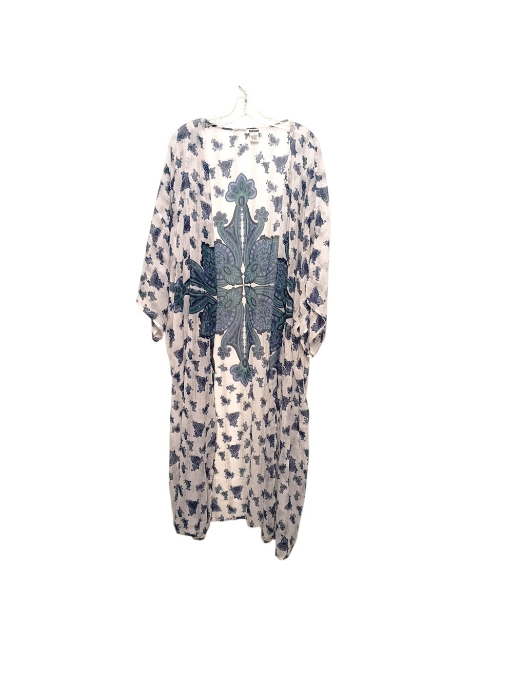 Dizzire -Boho Maxi Kimono with Blue Green Medallion Print - 3x